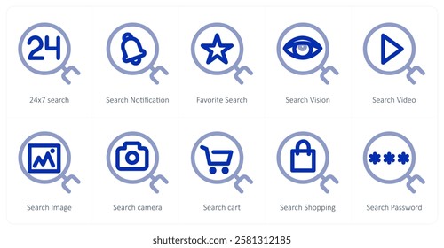 A set of 10 search icons as 24x7 search, search notification, favorite search