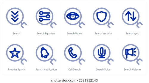 A set of 10 search icons as search, search equalizer, serach vision