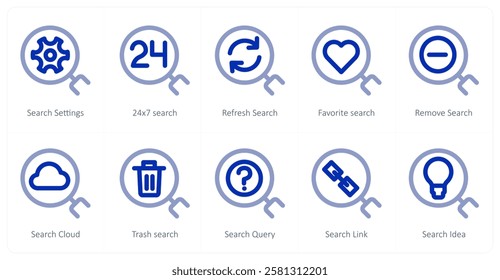 A set of 10 search icons as search settings, 24x7 search, refresh search