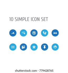 Set Of 10 Seaside Icons Set.Collection Of Diver, Wave, Flip Flop And Other Elements.