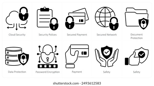 A set of 10 security icons as cloud security, security policies, secured payment