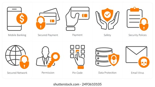 Ein Satz von 10 Sicherheits-Icons wie Mobile Banking, gesicherte Zahlung, Zahlung