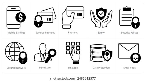A set of 10 security icons as mobile banking, secured payment, payment