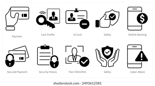 A set of 10 security icons as payment, lock profile, id card