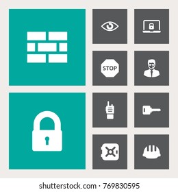 Set Of 10 Security Icons Set.Collection Of Look, Hardhat, Walkie-Talkie And Other Elements.