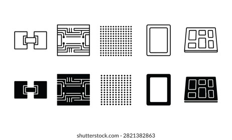 Set of 10 semiconductor line icons featuring chiplet interposer, silicon substrate, BGA grid, and microchip die packaging vectors
