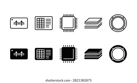 Set of 10 semiconductor packaging icons featuring silicon bridge, multi die module, microprocessor IC, and stacked substrate vectors