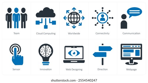 A set of 10 seo and digital marketing icons as team, cloud computing, worldwide