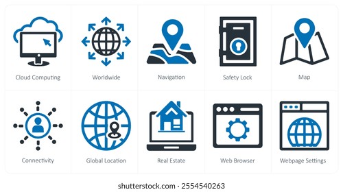 A set of 10 seo and digital marketing icons as cloud computing, worldwide, navigation