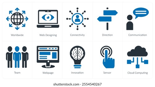 A set of 10 seo and digital marketing icons as worldwide, web designing, direction