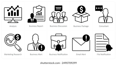 A set of 10 seo icons as analysis, business report, business discussion