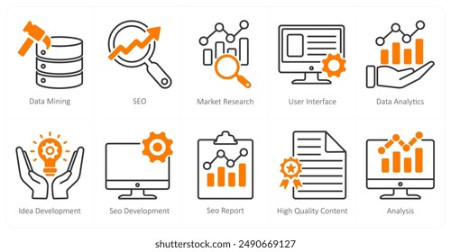 A set of 10 seo icons as data mining, seo, market research