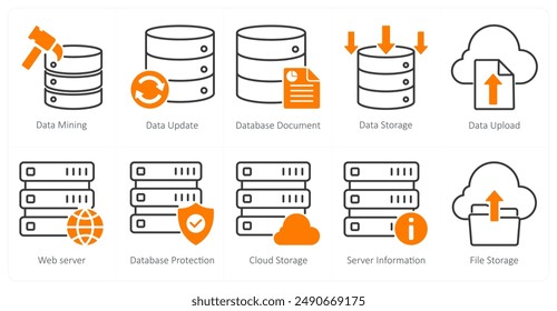 A set of 10 seo icons as data mining, data update, database document