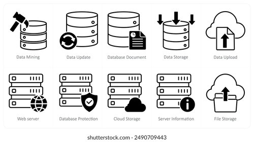 Un conjunto de 10 iconos seo como minería de datos, Actualizar de datos, documento de base de datos