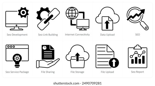 A set of 10 seo icons as seo development, seo link building, internet connectivity