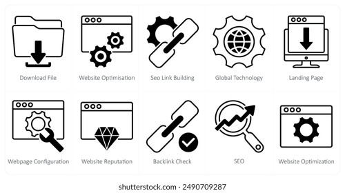 A set of 10 seo icons as download file, website optimization, seo link building