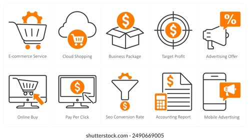 Un conjunto de 10 iconos seo como servicio de comercio electrónico, compras en la nube, paquete de negocios