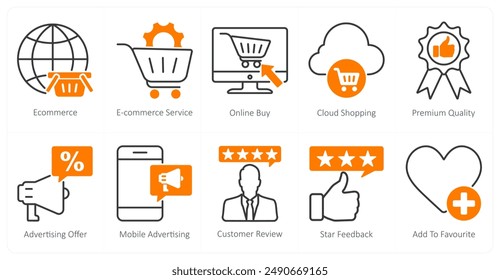 Un conjunto de 10 iconos de seo como ecommerce, servicio de ecommerce, compra en línea