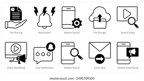 A set of 10 seo icons as file sharing, notification, mobile option