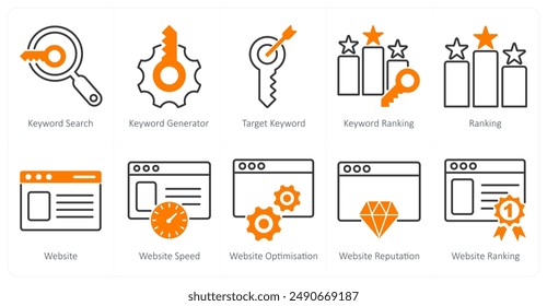 A set of 10 seo icons as keyword search, keyword generator, target keyword