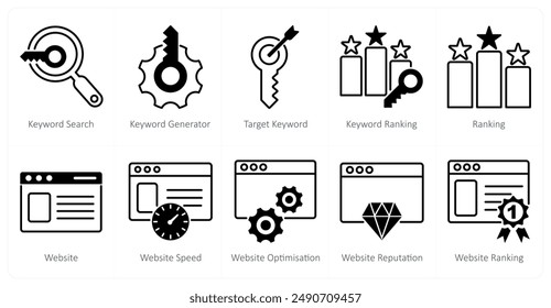 A set of 10 seo icons as keyword search, keyword generator, target keyword