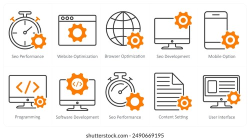 Un conjunto de 10 íconos seo como rendimiento seo, optimización de Sitio web, optimización de navegador