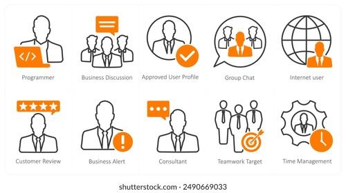A set of 10 seo icons as programmer, business discussion, approved user profile