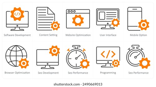 A set of 10 seo icons as software development, content setting, website optimization