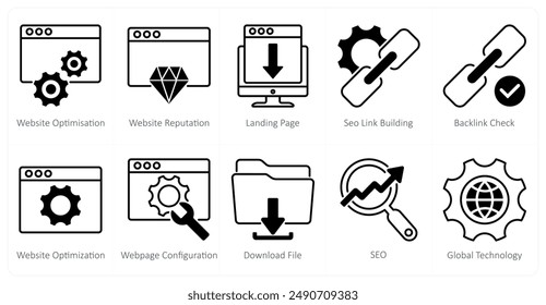 Un conjunto de 10 iconos de seo como optimización de Sitio web, reputación de Sitio web, página de destino