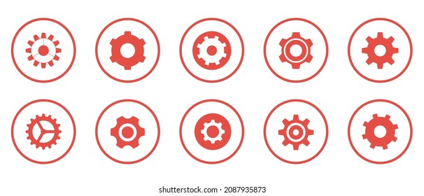 Set of 10 Setting or Gear red icons. Modern and simple icons with circles vector design