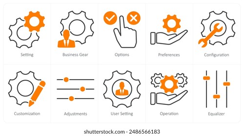 A set of 10 settings and configuration icons as setting, business gear, options