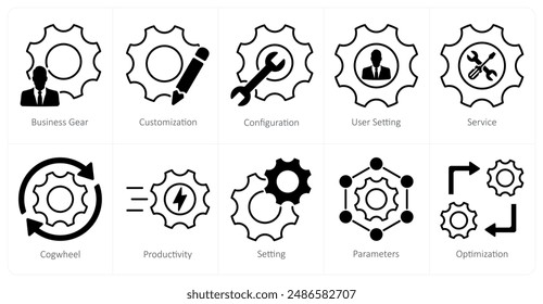 A set of 10 settings and configuration icons as business gear, customization, configuration