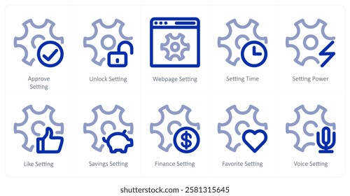 A set of 10 settings icons as approve setting, unlock setting, webpage setting