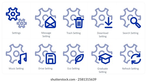 A set of 10 settings icons as settings, message setting, trash setting