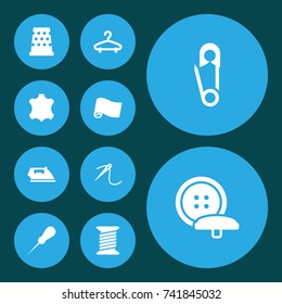 Set Of 10 Sewing Icons Set.Collection Of Eyelet, Bodkin, Flatiron And Other Elements.