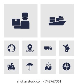 Set Of 10 Shipment Icons Set.Collection Of Deliveryman, Umbrella, World And Other Elements.