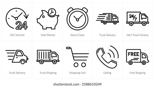 A set of 10 shopping icons as 24x7 service, save money, alarm clock