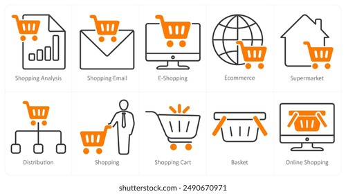 Un conjunto de 10 iconos de compras como análisis de compras, correo electrónico de compras, e-shopping