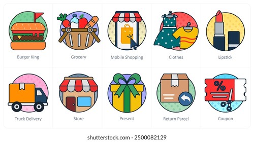 A set of 10 shopping icons as burger king, grocery, mobile shopping