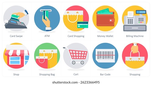 A set of 10 Shopping icons as card swipe, atm, card shopping