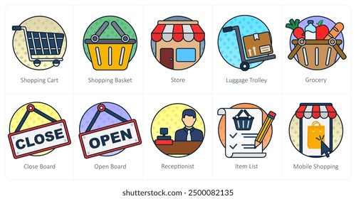 A set of 10 shopping icons as shopping cart, shopping basket, store