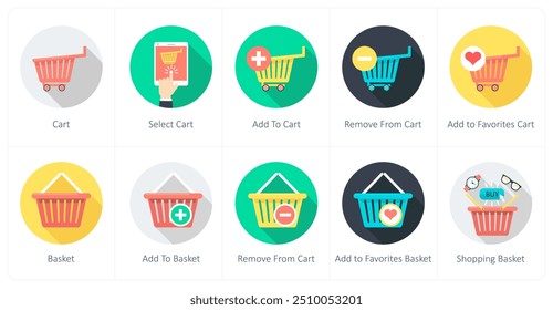 A set of 10 shopping icons as cart, select cart, add to cart