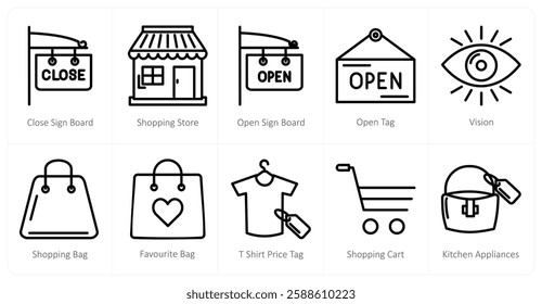 A set of 10 shopping icons as close sign board, shopping store, open sign board