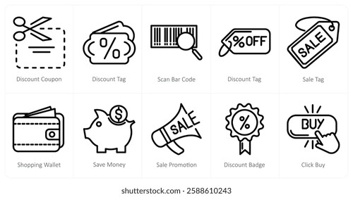 A set of 10 shopping icons as discount coupon, discount tag, scan bar code