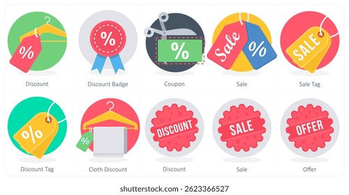A set of 10 Shopping icons as discount, discount badge, coupon