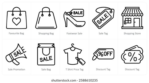 A set of 10 shopping icons as favorite bag, shopping bag, footwear sale