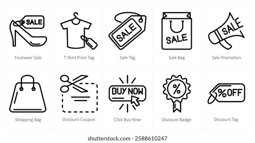 A set of 10 shopping icons as footwear sale, t shirt price tag, sale tag