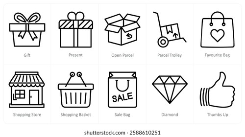 A set of 10 shopping icons as gift, present, open parcel, parcel trolle