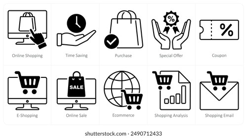 Un conjunto de 10 iconos de compras como compras en línea, ahorro de tiempo, compra