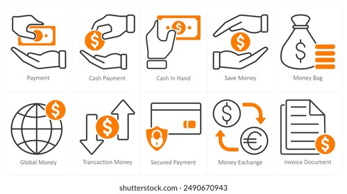Un conjunto de 10 iconos de compras como pago, pago en efectivo, efectivo en la mano